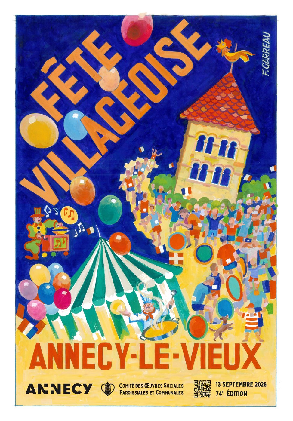 Affiche 2026 de la Fête Villageoise d'Annecy-le-Vieux, œuvre de Frédéric Garreau. Dimanche 13 septembre 2026, 74e édition.