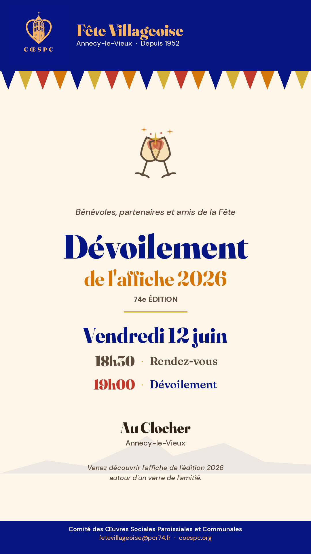 Dévoilement de l'affiche 2026 : vendredi 12 juin, rendez-vous à 18h30, dévoilement à 19h00, Au Clocher à Annecy-le-Vieux, autour d'un verre de l'amitié.